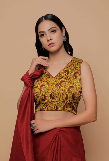 Yellow Printed Mashru Sleevless Blouse